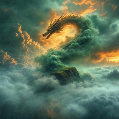 Primary subject: A dragon with a long neck and a green body.

Setting/background: The dragon is standing on a cloudy mountain, with a green field below it.

Visual style: The image is a digital art or illustration.

Colors and mood: The dragon has a green body, and the overall atmosphere is serene and dramatic.